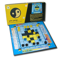 Yin Yang Game Board, Box and Pieces Displayed as Mid-Game Play