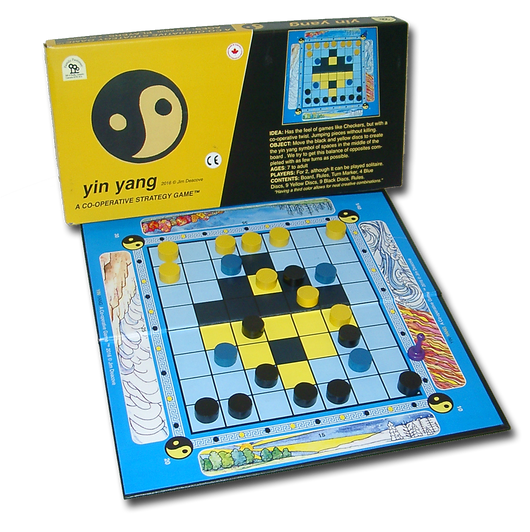Yin Yang Game Board, Box and Pieces Displayed as Mid-Game Play