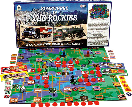 Somewhere in the Rockies Game Box, Board and Pieces Displayed ready to Play