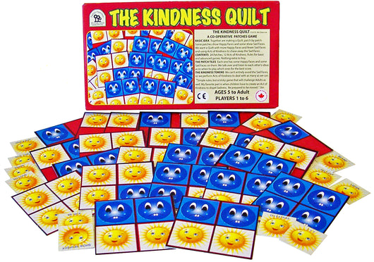 The Kindness Game, A Cooperative Tile Game by Family Pastimes Co-operative Games. Picture shows Game Box and Game Tiles displayed