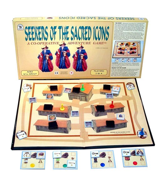 Seekers of the Sacred Icons Game Displayed with Board, Box, Cards and Tokens