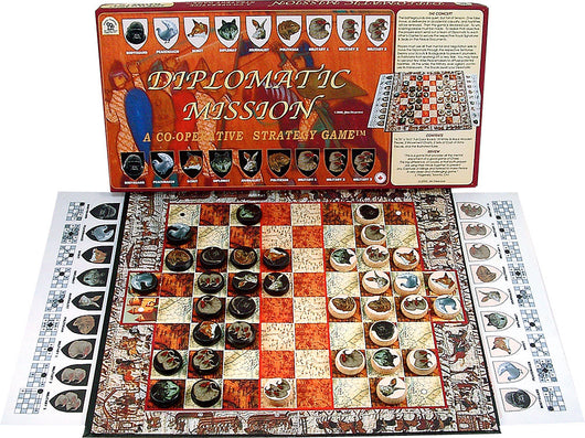 Diplomatic Mission Game Box, Board and Pieces Displayed as ready for Play