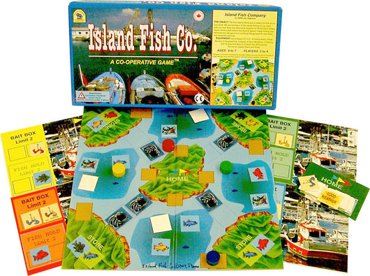 Island Fish Co. Game Box, Board and Pieces Displayed as in Play