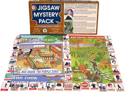 Jigsaw Mystery Puzzle Pack Game Box, Board and Pieces Displayed as in Play