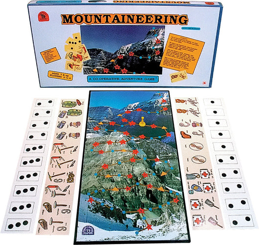 Mountaineering Game Box, Board and Pieces set up to Play