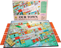 Our Town Game Box, Board and Pieces set up to Play