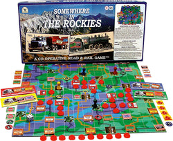 Somewhere in the Rockies Game Box, Board and Pieces Displayed ready to Play