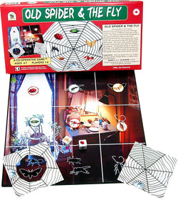 Old Spider and the Fly Game Board, Box and Pieces Displayed in Play