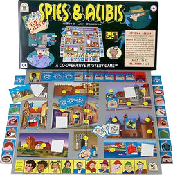 Spies & Alibis Board Game, Box and Pieces Displayed Ready for Play