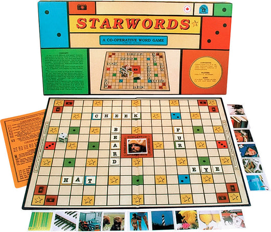 Starwords Game Board, Box and Pieces Displayed in Play