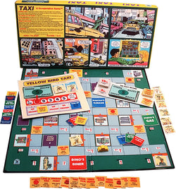 TAXI! Game Displayed with box, Board and Pieces ready to Play